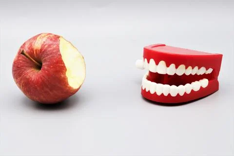 Chattering teeth takes a bite out of an apple Stock Photos