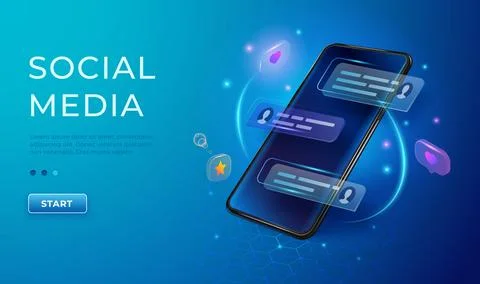 Chatting and communication concept 3d. Phone with likes and message icons. .. Stock Illustration