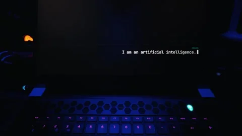 Chatting with Artificial Intelligence on Backlit Laptop Screen at Night Stock Footage 334729193