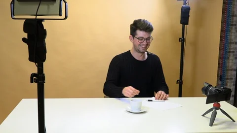 Chatting with blog subscribers through the camera and the Internet Stock Footage 124903978