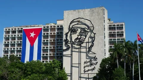 Che Guevara Memorial and Cuban Flag at Revolution Square in Havana, Cuba Stock Footage 139487540
