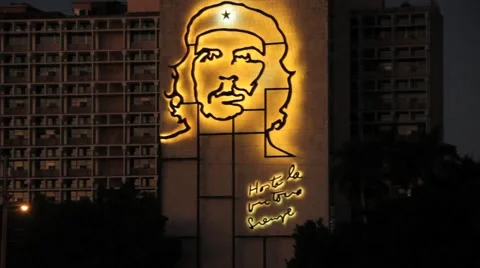 Che Guevara sign lighted up ay night in Havana, Cuba Stock Footage 45521947