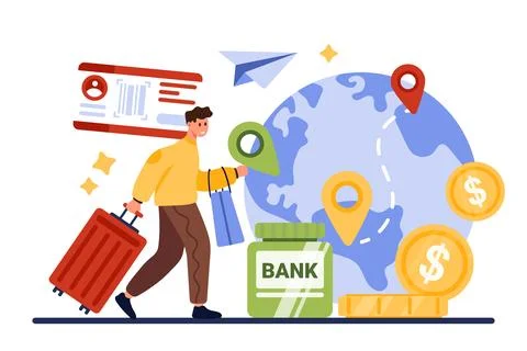 Cheap flight on vacation around world with low cost airline, tiny tourist with Stock Illustration
