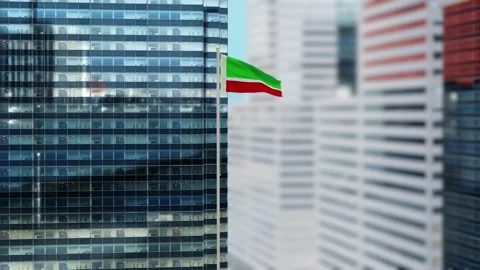 Chechen Republic. Flag 3D Render Animation on Pole with Modern City Building Stock Footage 333068021
