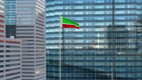 Chechen Republic. Flag 3D Render Animation Waving Against Glass Office Build Video stock 333079202