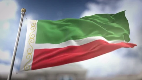 Chechen Republic Flag Waving Slow Motion 3D Rendering Blue Sky Background -.. Stock Footage 75103301