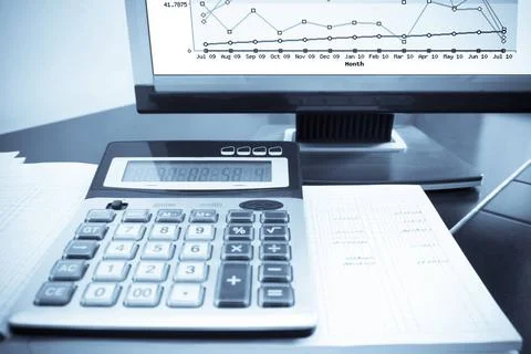 Check the accounting data calculator, graph and account book,collage about... Stock-Fotos