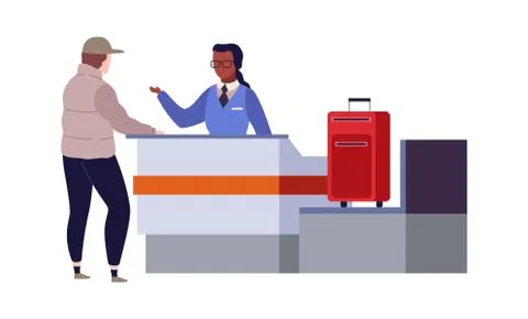 Check in airport terminal. Border security and traveler with bags standing at Stock Illustration