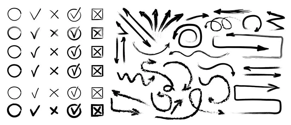 Check and cross mark vector set. Marker cross brush signs. Arrows drawing usi Illustrazione stock