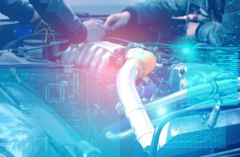 Check and diagnostics of the engine and electrics of the car at the service c Stock Photos