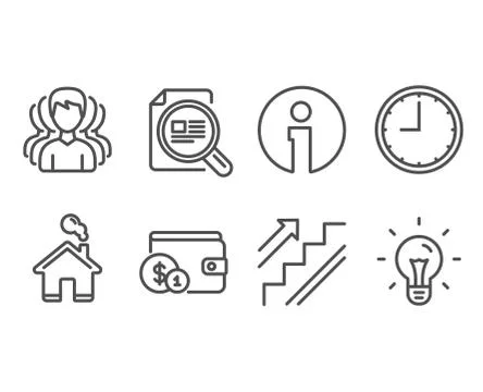 Check article, Time and Stairs icons. Buying accessory, Group and Idea signs. Illustrazione stock
