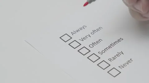 Check boxes, Very often, red pen on white paper Video stock 295037585