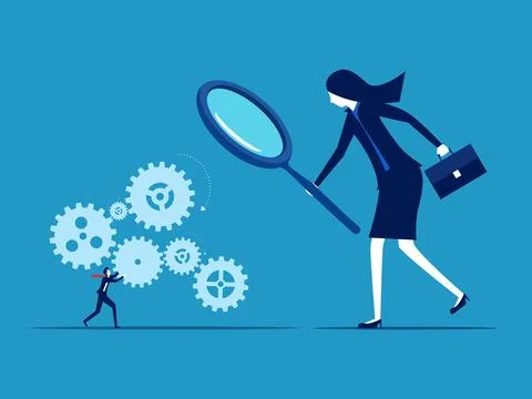 Check capacity. Check out the workflow. Businesswoman boss using magnifying g Illustrazione stock