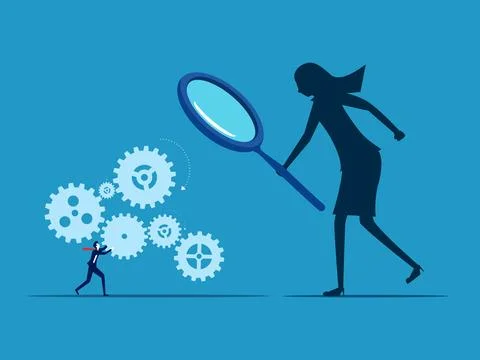 Check capacity. Check out the workflow. Businessman boss using magnifying gla Illustrazione stock