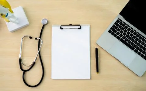 Check for care concept. Top view of doctor working place with , stethoscope.. Stock Photos