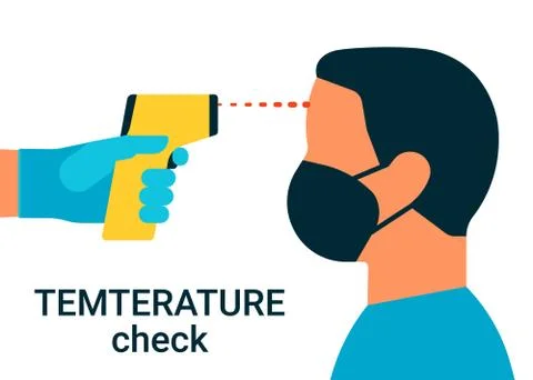 Check control body temperature. Hand with gloves holding distant thermometer. Stock Illustration