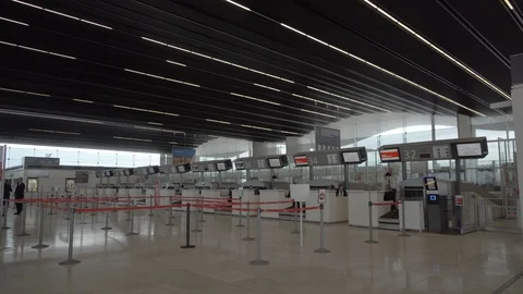 Check in desks at empty airport day Stock Footage 112710814