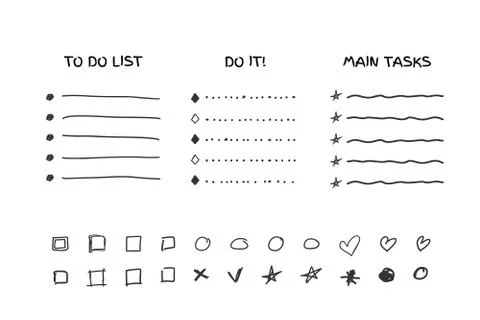 Check to do list, bullet, check mark and check box in a doodle sketch Illustrazione stock