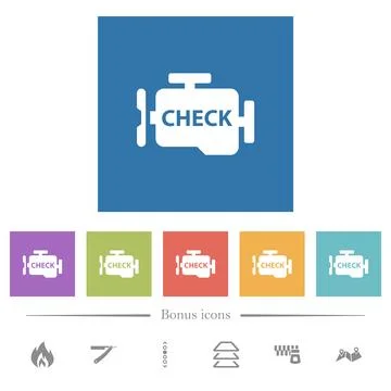 Check engine symbol flat white icons in square backgrounds Illustrazione stock