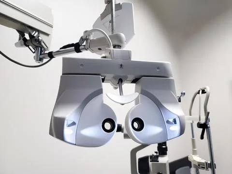 Check up eye example equipment Pre-Screen check up for new glasses Stock Photos