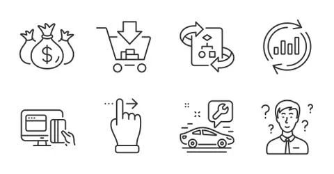 Check investment, Technical algorithm and Online payment icons set. Vector 스톡 일러스트