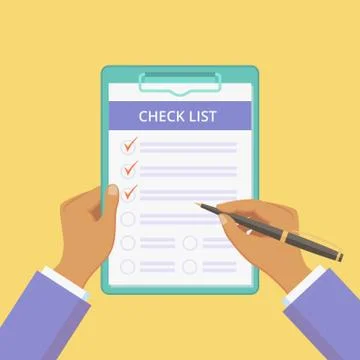 Check list clipboard with flat hands yellow banner Stock Illustration