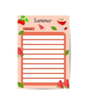 Check list printable template Vector with cute fruit summer illustrations Stockillustratie