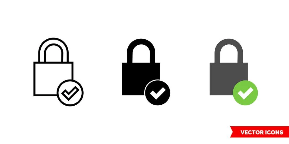 Check lock icon of 3 types color, black and white, outline. Isolated vector s Stock Illustration