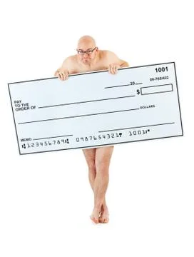 Check: man hides behind large check Stock Photos