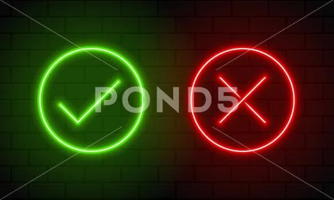Check mark and cross mark in neon style. Green tick and red cross check ...