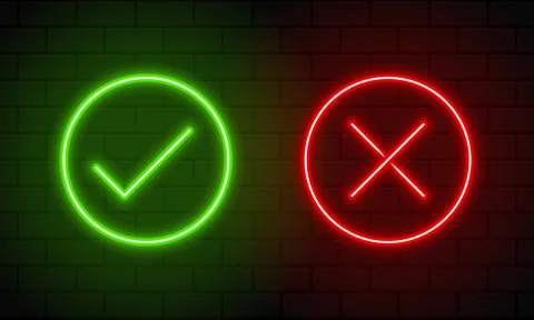 Check mark and cross mark in neon style. Green tick and red cross check marks Illustrazione stock