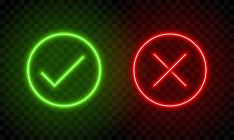 Check mark and cross mark in neon style. Green tick and red cross check marks Stock Illustration