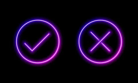 Check mark and cross mark in neon style. Retro signs with glowing neon. Vecto Stock Illustration