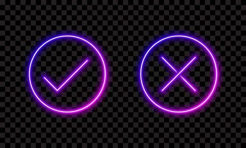Check mark and cross mark in neon style. Retro signs with glowing neon. Vecto Stock Illustration