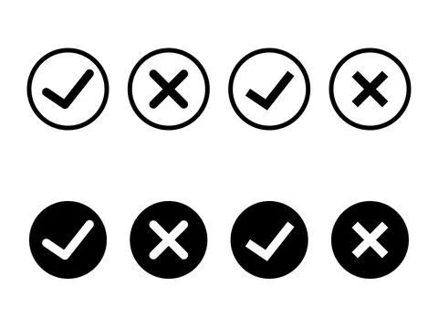 Check mark and cross mark icons. Simple design symbolizing correct and inco.. Illustrazione stock