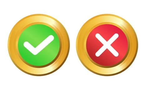 Check Mark and Cross Mark Gold Buttons for Approval or Rejection Status Icons Stock Illustration