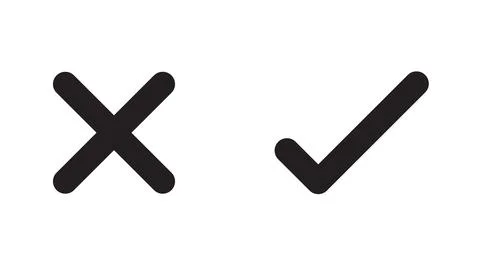 Check mark and cross symbol icons in black on white background vector Ilustração Stock