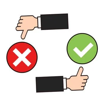 Check mark and thumbs up. Cross mark and bad sign. Vector. Stock Illustration