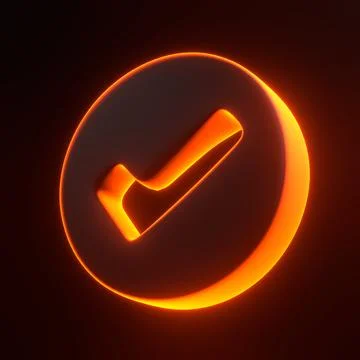 Check mark with bright glowing futuristic orange neon lights on black background Stock Illustration