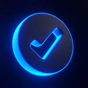 Check mark with bright glowing futuristic blue neon lights on black background Stock Illustration