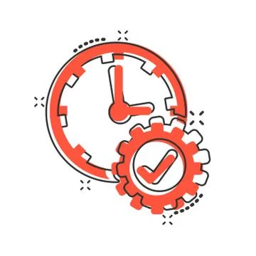 Check mark on clock icon in comic style. Gear with time cartoon vector illust Illustrazione stock