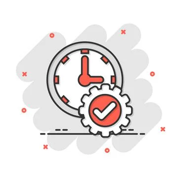 Check mark on clock icon in comic style. Gear with time cartoon vector illust Ilustración de archivo