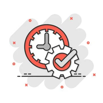 Check mark on clock icon in comic style. Gear with time cartoon vector illust Stockillustratie