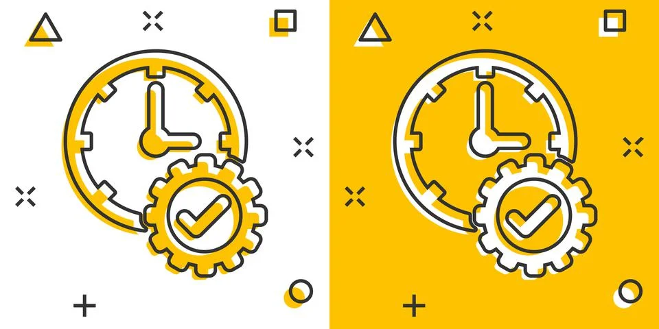 Check mark on clock icon in comic style. Gear with time cartoon vector illust Stockillustratie