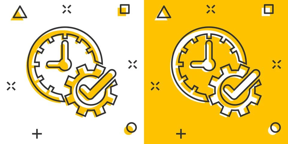 Check mark on clock icon in comic style. Gear with time cartoon vector illust Illustrazione stock