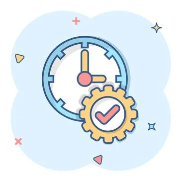 Check mark on clock icon in comic style. Gear with time cartoon vector illust Illustrazione stock