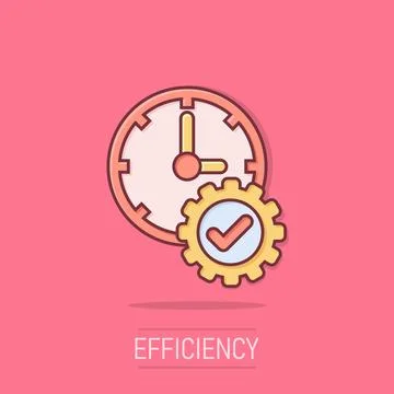 Check mark on clock icon in comic style. Gear with time cartoon vector illu.. Illustrazione stock