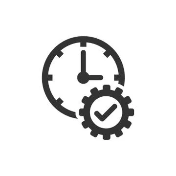 Check mark on clock icon in flat style. Gear with time vector illustration on Illustrazione stock