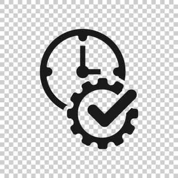 Check mark on clock icon in flat style. Gear with time vector illustration on Illustrazione stock