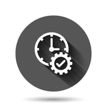 Check mark on clock icon in flat style. Gear with time vector illustration on Illustrazione stock